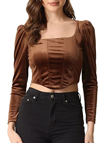 Allegra K Damen Samt Bluse Langarmoberteil Quadratischem Ausschnitt Lässige Crop Top Braun L von Allegra K