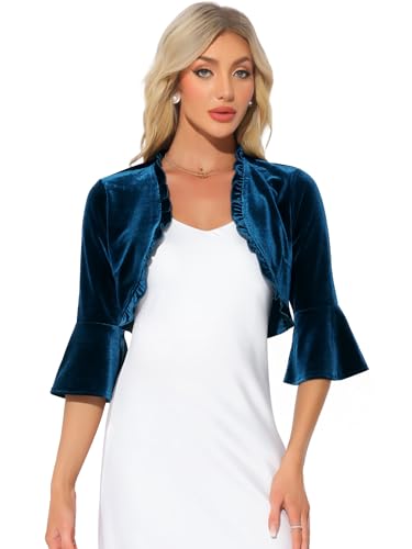 Allegra K Damen Samt Bolero 3/4-Ärmel Vorne Offen Rüschen Cocktail Party Kurzer Cardigan Pfauenblau M von Allegra K