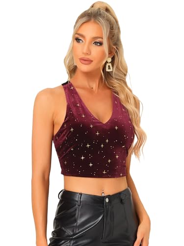 Allegra K Damen Samt Crop Top Ärmellos Kreuz Rücken V-Ausschnitt Glitzer Sterne Party Tanktop Burgundy S von Allegra K