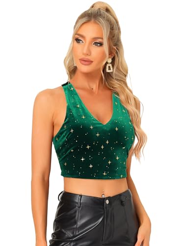 Allegra K Damen Samt Crop Top Ärmellos Kreuz Rücken V-Ausschnitt Glitzer Sterne Party Tanktop Dunkelgrün S von Allegra K