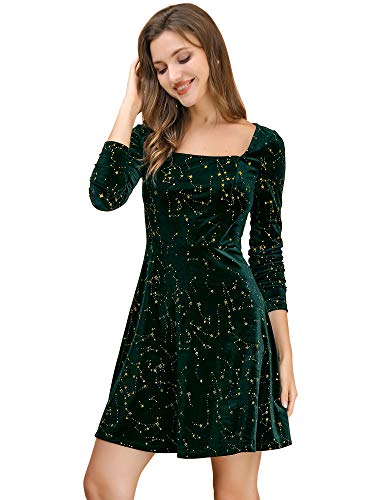 Allegra K Damen-Weihnachtskostüm Samt-Kleider Quadratischer Ausschnitt Langarm Vintage Stern Minikleid, grün, 42 von Allegra K