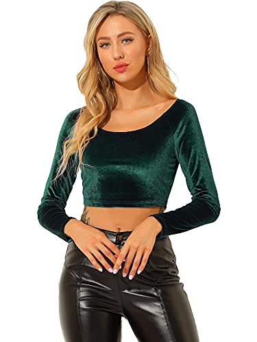 Allegra K Damen Samt Langarm Crops Schulterfrei Solide Crop Top Slim Fit Saree Bluse, dunkelgrün, 46 von Allegra K