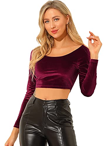 Allegra K Damen Samt Langarm Schulterfrei Solid Crop Top, Burgunder, Groß Allegra K Damen Samt Langarm Schulterfrei Solid Crop Top, Burgunder, Groß von Allegra K