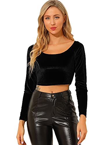 Allegra K Damen Samt Langarm Schulterfrei Solid Crop Top, Schwarz, X-Klein von Allegra K