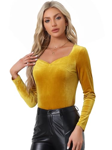 Allegra K Damen Samt Oberteil Langarm Herzausschnitt Elegantes T-Shirt Velvet Top Bluse Gelb L von Allegra K