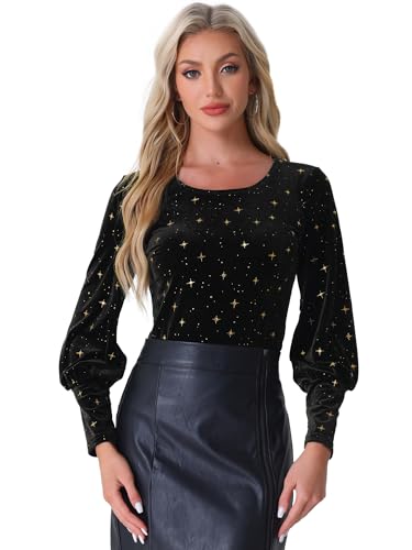 Allegra K Damen Weihnachten Samt Sterne Blusen Metallic Glänzend Rundhals Langärm Shirt Schwarz XS von Allegra K