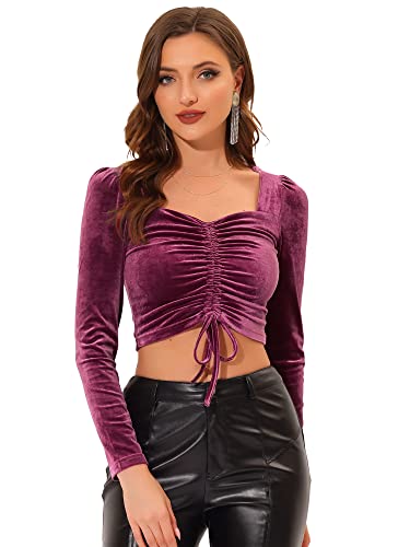 Allegra K Damen Samt Top Langarm Herzform Ausschnitt Kordelzug Knoten Crop Top Fuchsie S von Allegra K