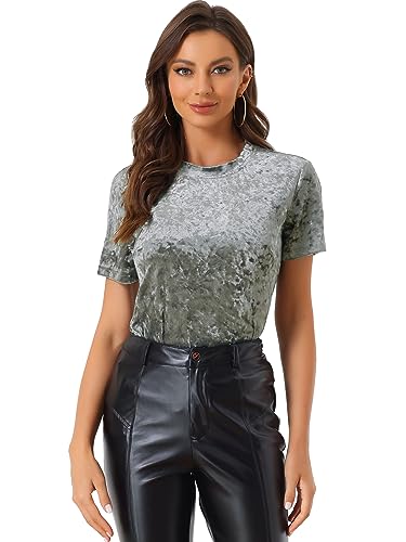 Allegra K Damen Samt T-Shirt Party Velvet Shirt Kurzarm Rundhals Elegant Samt Bluse Oberteil Grau XL von Allegra K