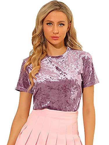 Allegra K Damen Samt Top Rundhals Kurzarm Casual T-Shirt, rose pink, Mittel von Allegra K