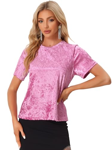 Allegra K Damen Samt Velvet Bluse Kurzarm Rundhalsausschnitt Vintage Shirt Top Heiß Rosa L von Allegra K