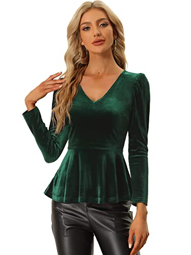 Allegra K Damen Samtbluse Langarm V-Ausschnitt Elegant Schößchen Velvet Top Bluse Grün L von Allegra K