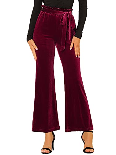 Allegra K Damen Samthose mit Taillenschnürung Dehnbare Hose mit weitem Bein und Taschen Burgundy M von Allegra K