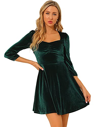 Allegra K Damen Samtkleid 3/4 Ärmel Eckiger Ausschnitt Elegant Plissee Velvet Kleid Grün XL von Allegra K