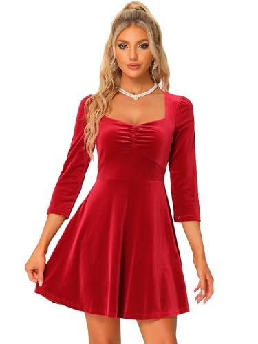 Allegra K Damen Samtkleid 3/4 Ärmel Eckiger Ausschnitt Elegant Plissee Velvet Kleid Rot M von Allegra K