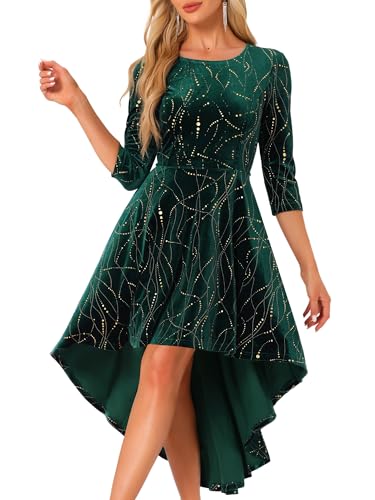 Allegra K Damen Samtkleid Langarm Rundhals A-Linie Reißverschluss Cocktail Party Midikleid Dunkelgrün S von Allegra K