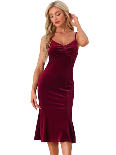 Allegra K Damen Samtkleid Spaghettiträger V-Ausschnitt Fischschwanz Abend Cocktailkleid Burgund M von Allegra K