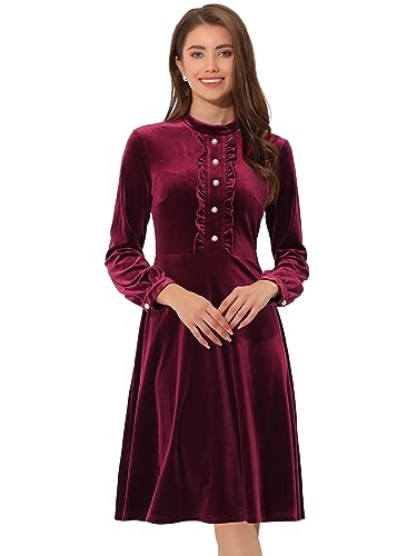 Allegra K Damen Samtkleid Stehkragen Knopfleiste Rüschen Ausgestellte Vintage Velvet Kleid Burgund XS von Allegra K