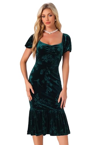 Allegra K Damen Samtkleid mit Blumenmuster Halbformelles Hochzeitsgast Kleid mit Puffärmeln Grün S von Allegra K