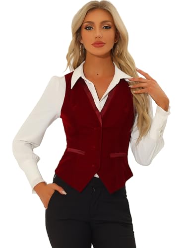 Allegra K Damen Samtweste Retro Ärmellos V-Ausschnitt Racerback Steampunk Anzugweste Weste Weinrot L von Allegra K