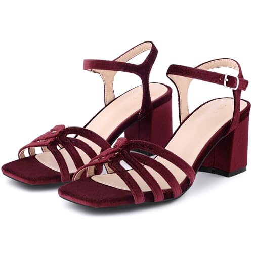 Allegra K Damen-Sandalen aus Samt, Slingback, klobige Absätze, burgunderfarben, 37.5 EU von Allegra K