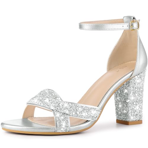 Allegra K Damen-Sandalen mit Bling-Glitzer-Knöchelriemen und hohem Blockabsatz Silber 40 von Allegra K