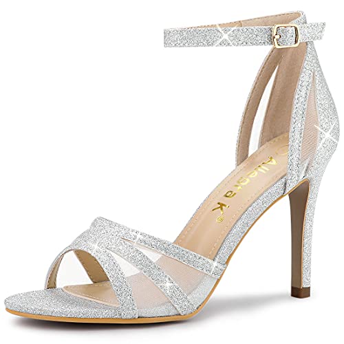 Allegra K Damen-Sandalen mit Glitzer-Knöchelriemen und Stiletto-Absatz Silber 37 von Allegra K