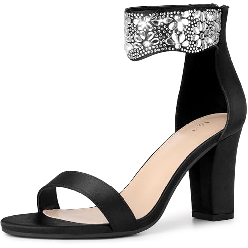 Allegra K Damen-Sandalen mit Strass-Diamant-Dekor, Kristall-Knöchelriemen und klobigem Absatz Schwarz 42 von Allegra K