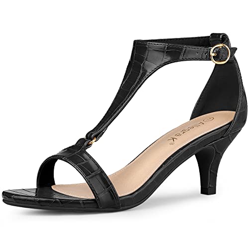 Allegra K Damen-Sandalen mit T-Riemen in Krokoprägung und Kitten-Heel-Absatz Schwarz 36 von Allegra K