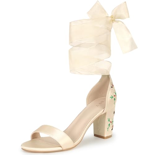 Allegra K Damen-Sandalen mit floralem Absatz, Satin, Schnürung, klobiger Absatz, Champagner, 37.5 EU von Allegra K