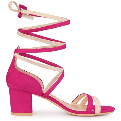 Allegra K Damen-Sandalen mit offenem Zehenbereich, Blockabsatz, Schnürschuh, Hot Pink Beige, 41 EU von Allegra K