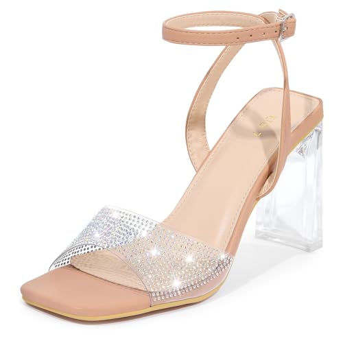 Allegra K Damen-Sandalen mit transparentem Strass-Absatz und Knöchelriemen Nackt 38 von Allegra K