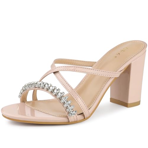 Allegra K Damen-Sandalen mit überkreuzten Riemen, Strass, Blockabsatz, Slide-Sandalen, Beige, 38 EU von Allegra K