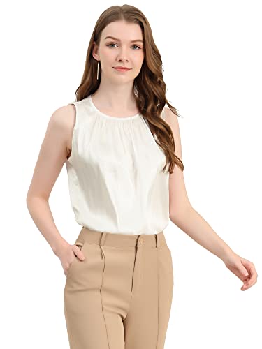 Allegra K Damen Satin Ärmellos Arbeit Büro Falten Tank Top Bluse, Weiß, X-Groß von Allegra K