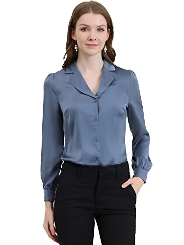 Allegra K Damen Satin Arbeit Büro Hemd Langarm Elegant Campkragen Bluse, grau/blau, 38 von Allegra K