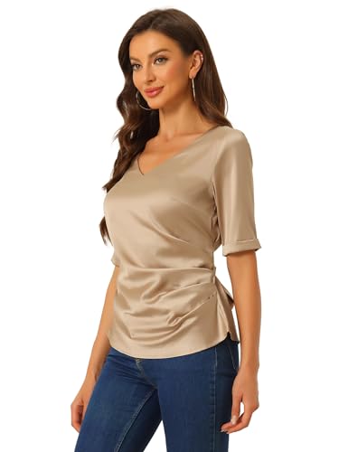 Allegra K Damen Satin Bluse, V-Ausschnitt, Kurze Ärmel, Taillenschnürung, Gerüscht, Elegante Arbeitsoberteile Champagner L von Allegra K