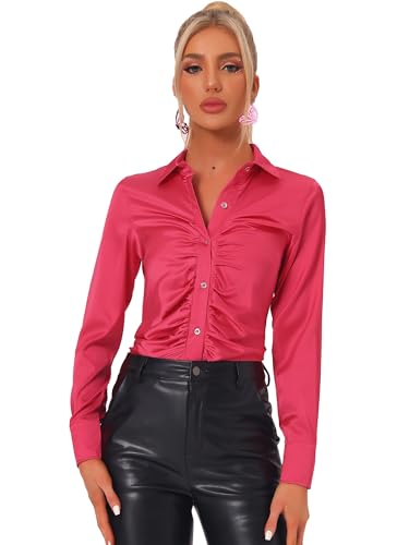 Allegra K Damen Satin Bluse Casual Plissee Langarm Punkt Kragen Arbeit Büro Button Down Shirts, Rot/Ausflug, einfarbig (Getaway Solids), Klein von Allegra K