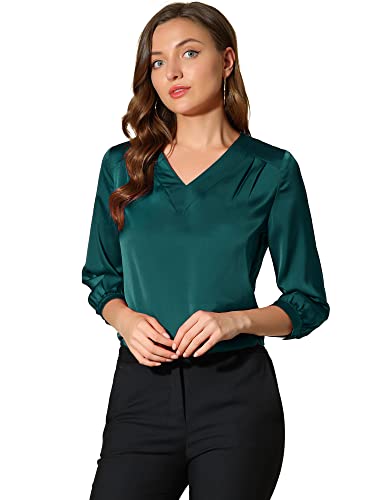 Allegra K Damen Satin Bluse Casual Solide Langarm V-Ausschnitt Top Shirts Blau Grün XS von Allegra K