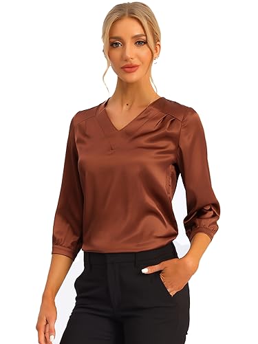 Allegra K Damen Satin Bluse Casual Solide Langarm V-Ausschnitt Top Shirts Braun L von Allegra K