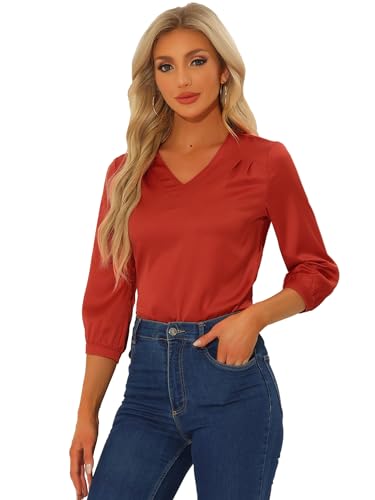 Allegra K Damen Satin Bluse Casual Solide Langarm V-Ausschnitt Top Shirts Rot XS von Allegra K