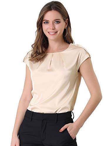 Allegra K Damen Satin Bluse Kurzarm Rundhals Flügelärmel Plissee Seide Top Shirt Arbeit Oberteil Beige M von Allegra K