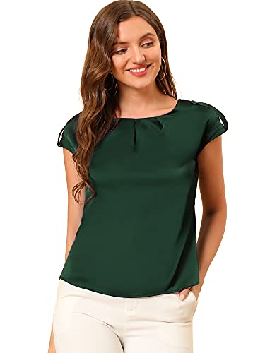 Allegra K Damen Satin Bluse Kurzarm Rundhals Flügelärmel Plissee Seide Top Shirt Arbeit Oberteil Grün L von Allegra K