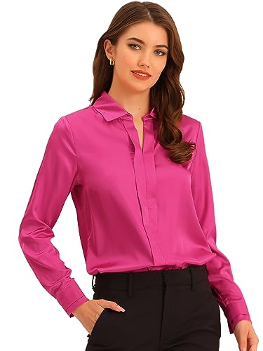 Allegra K Damen Satin Bluse Langarm Hemdkragen V-Ausschnitt Shirt Elegant Top Hell Rosas M von Allegra K