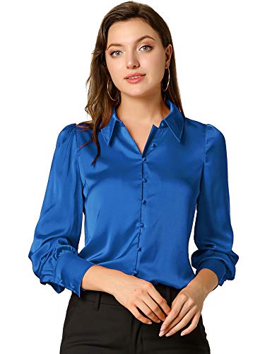 Allegra K Damen-Bluse aus Satin, Puffärmel, spitzer Kragen, elegant, Vintage-Stil, Knopfleiste, Königsblau, Klein von Allegra K