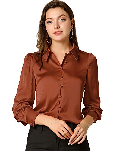 Allegra K Damen Satin Bluse Puffärmel Punkt Kragen Vintage Button Up Shirt, burnt orange, Mittel von Allegra K