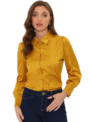 Allegra K Damen Satin Bluse Stehkragen Knopfleiste Langarm Elegant Shirt Gold S von Allegra K