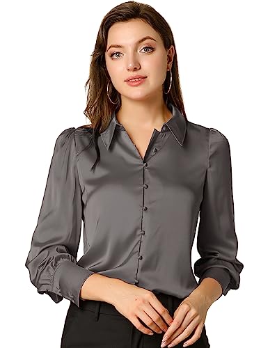Allegra K Damen Satin Bluse Stehkragen Knopfleiste Langarm Elegant Shirt Grau M von Allegra K