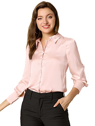 Allegra K Damen Satin Bluse Stehkragen Knopfleiste Langarm Elegant Shirt Rosa XL von Allegra K