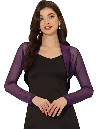 Allegra K Damen Day Satin Shrugs Elegant Mesh Panel Sleeve Open Front Party Crop Cardigan, dunkelviolett, 36 von Allegra K