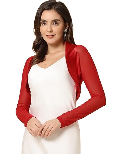 Allegra K Damen Satin Bolero Langarm Hochzeit Crop Shrugs Offen Elegant Chiffon Cardigan Rot S von Allegra K