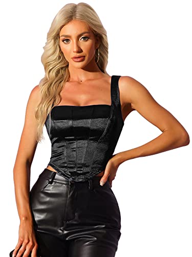 Allegra K Damen Satin Crop Top Ärmellos Korsett Oberteil Party Träger Tank Top Schwarz XS von Allegra K